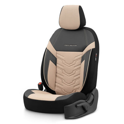 Καλύμματα Αυτοκινήτου Otom Reflective Design Universal Jacquard / Rachel / Δερματίνη Σετ Εμπρός / Πίσω Μαύρο – Μπεζ RFL-2605 11 Τεμάχια