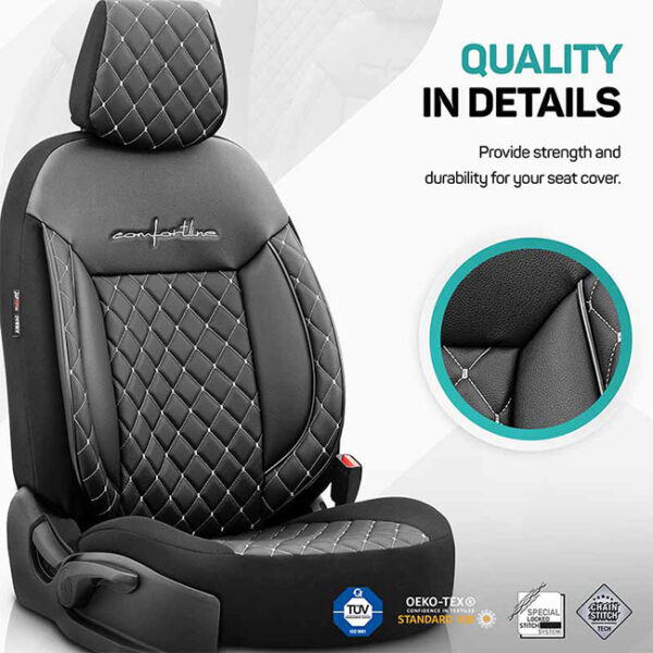Καλύμματα Αυτοκινήτου Otom Comfortline VIP Design Universal Δερματίνη Καπιτονέ Σετ Εμπρός / Πίσω Μαύρο Με Άσπρο Κέντημα CMV-222 11 Τεμάχια - Image 4