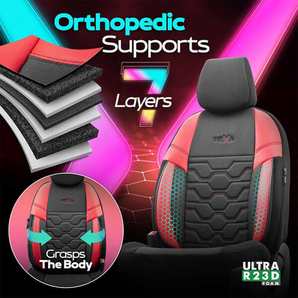 Καλύμματα Αυτοκινήτου Otom Hexa Design Universal Jacquard / Rachel / Δερματίνη Σετ Εμπρός / Πίσω Μαύρο - Κόκκινο HEX-2801 11 Τεμάχια - Image 6