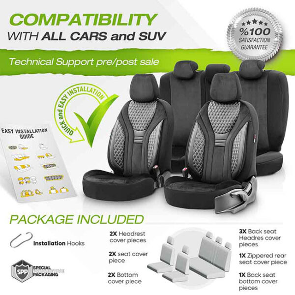 Καλύμματα Αυτοκινήτου Otom Infinity Design Universal Sued / Δερματίνη Καπιτονέ / Rachel Σετ Εμπρός / Πίσω Μαύρο Με Άσπρη Ραφή INF-2003 11 Τεμάχια - Image 3