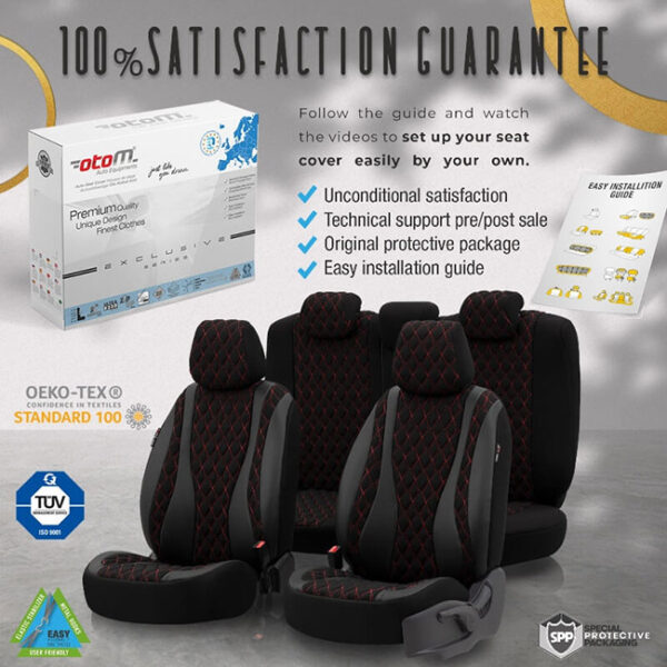 Καλύμματα Αυτοκινήτου Otom Emperor Design Universal Rachel / Δερματίνη Καπιτονέ Σετ Εμπρός / Πίσω Μαύρο Με Κόκκινο Κέντημα EMP-601 11 Τεμάχια - Image 4
