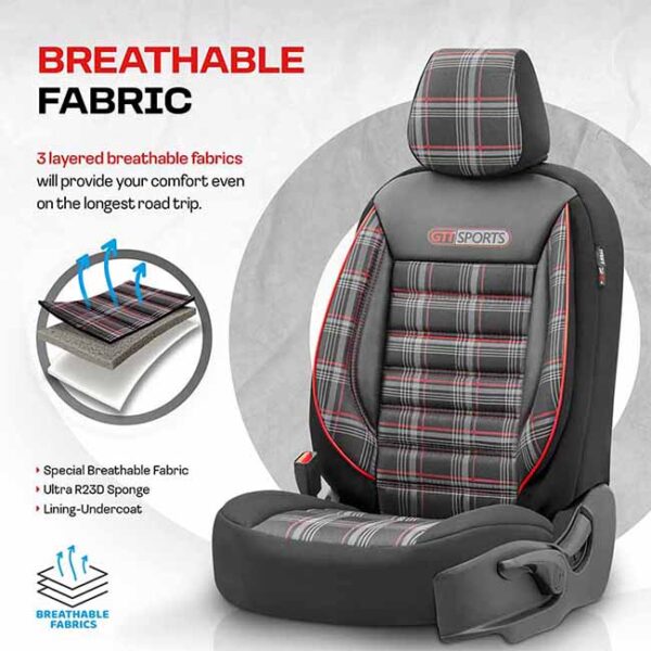 Καλύμματα Αυτοκινήτου Otom GTI Sports Design Universal Jacquard / Lacost / Δερματίνη Σετ Εμπρός / Πίσω Μαύρο - Κόκκινο GTI-801 11 Τεμάχια - Image 12